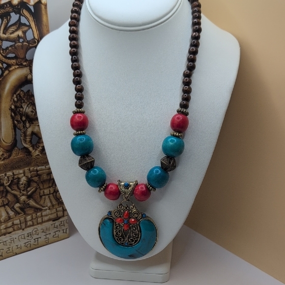 Blue and Red Necklace with Beads and Circular Pendant - Picture 1 of 5
